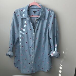 Talbots Blue Denim Chambray Shirt with Red embroidered hearts